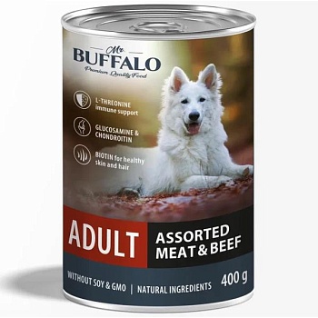 Mr.Buffalo ADULT консервы для собак Мясное ассорти с говядиной 9х400гр купить  зоотовары для животных
