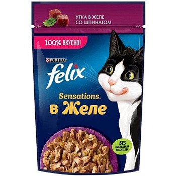 Felix Sensations пауч консервы для кошек, с уткой в желе со шпинатом 26х75г купить  зоотовары для животных
