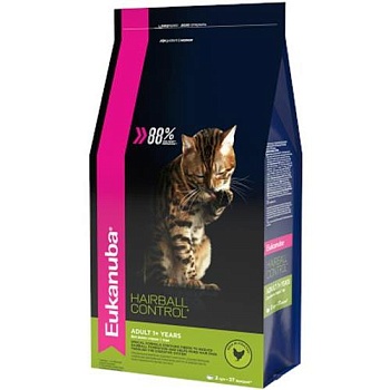 EUKANUBA ADULT HAIRBALL INDOOR сухой корм для взрослых кошек живущих в помещении и способствующий выведению шерсти с домашней птицей 2кг купить  зоотовары для животных