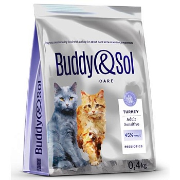 BUDDY SOL CARE ADULT SENSITIVE сухой корм для взрослых кошек с чувствительным пищеварением с индейкой 400г купить  зоотовары для животных