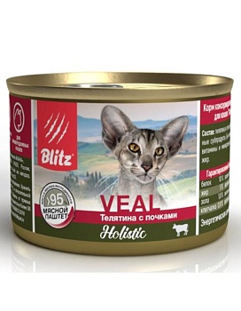 BLITZ Консервы для кошек Телятина с почками, мясной паштет 24х200гр купить  зоотовары для животных