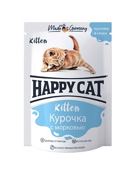 HAPPY CAT KITTEN пауч консервы для котят кусочки в соусе курочка с морковью 24х100г купить  зоотовары для животных