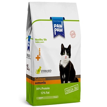 Pawpaw Sterilised Cat Food with Salmon сухой корм для стерилизованных кошек с лососем 15кг купить  зоотовары для животных