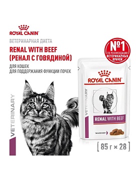 ROYAL CANIN VD RENAL пауч ветеринарная диета, влажный корм кусочки в соусе с говядиной для кошек, для поддержания функции почек 28х85г купить  зоотовары для животных