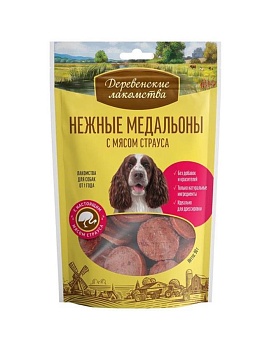 ДЕРЕВЕНСКИЕ ЛАКОМСТВА ежные медальоны для собак с мясом страуса 90г купить  зоотовары для животных