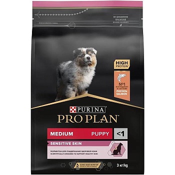 PRO PLAN Puppy Medium Sensitive Skin сухой корм для щенков средних пород 10 - 25 кг с чувствительной кожей Лосось 3кг купить  зоотовары для животных