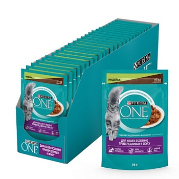 Purina ONE влажный корм для кошек особенно привередливых к вкусу, с индейкой , уткой и морковью 26х75г купить  зоотовары для животных