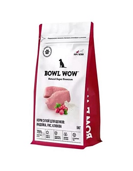 BOWL WOW NATURAL SUPER PREMIUM PUPPY MEDIUM сухой корм для щенков средних пород индейка, рис, клюква 5кг купить  зоотовары для животных