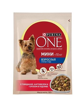 PURINA ONE МИНИ Актив Говядина Картофель Горох консервы для собак пауч 26х85гр купить  зоотовары для животных