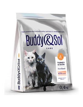 BUDDY SOL CARE STERILIZED сухой корм для взрослых стерилизованных кошек с индейкой и уткой 400г купить  зоотовары для животных