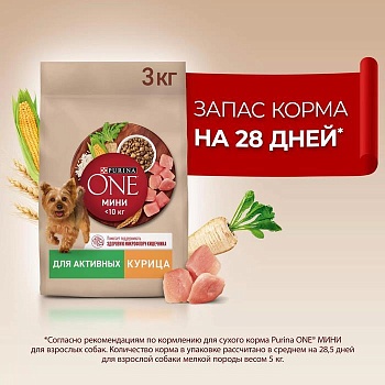 PURINA ONE МИНИ 3 кг сухой корм для взрослых собак мелких пород, с высоким содержанием курицы и с рисом 1х4  {12554140} купить  зоотовары для животных