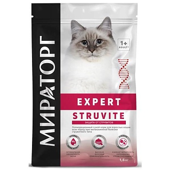 МИРАТОРГ Expert Struvite сухой корм для взрослых кошек всех пород при мочекаменной болезни струвитного типа 1,5кг купить  зоотовары для животных