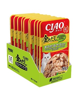 INABA Ciao Kinnodashi пауч для кошек тунец магуро и тунец кацуо с семгой в желе 12х60г купить  зоотовары для животных