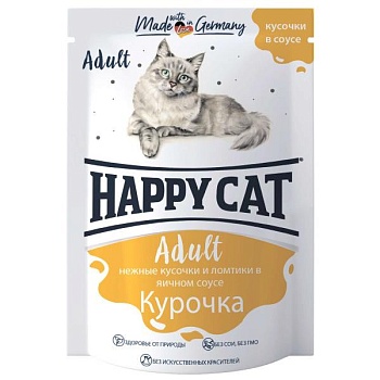 HAPPY CAT ADULT пауч консервы для кошек нежные кусочки и ломтики в яичном крем соусе курочка 24х100г купить  зоотовары для животных