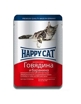 Happy Cat пауч для кошек кусочки в соусе Говядина и баранина 24х100г купить  зоотовары для животных