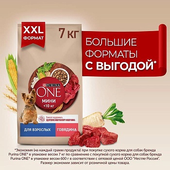 PURINA ONE МИНИ 7 кг сухой корм для взрослых собак мелких пород, с высоким содержанием говядины и с рисом  {12554150} купить  зоотовары для животных