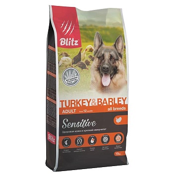 BLITZ Adult Turkey&Barley Sensitive (индейка и ячмень) корм для взрослых собак всех пород,15кг купить  зоотовары для животных