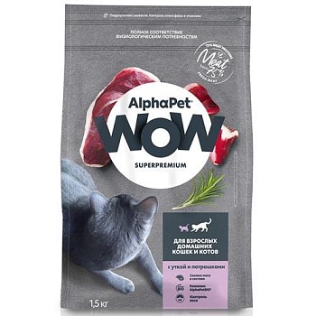 AlphaPet WOW SUPERPREMIUM сухой корм для взрослых домашних кошек и котов с уткой и потрошками 1.5кг купить  зоотовары для животных