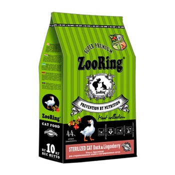 ZooRing Sterilized Сухой корм для кошек Утка с брусникой 10 кг купить  зоотовары для животных