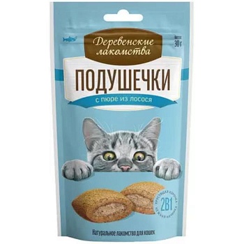 ДЕРЕВЕНСКИЕ ЛАКОМСТВА лакомство для кошек подушечки с пюре из лосося 30г купить  зоотовары для животных