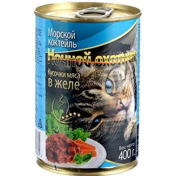 НОЧНОЙ ОХОТНИК Консервы для кошек морской коктейль кусочки в желе 20х415гр купить  зоотовары для животных