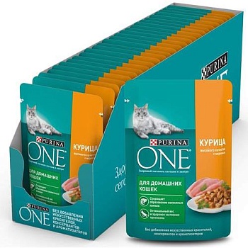 PURINA ONE "Indor" консервы для домашних кошек с Курицей 26х75гр купить  зоотовары для животных