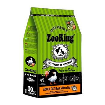 ZooRing ADULT CAT Сухой корм для кошек Утка с шиповником 10 кг купить  зоотовары для животных
