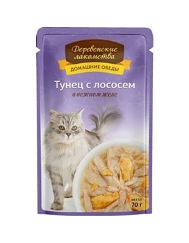 ДЕРЕВЕНСКИЕ ЛАКОМСТВА консервы для кошек Тунец с лососем в нежном желе 12х70гр купить  зоотовары для животных