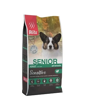 BLITZ Adult SENIOR Sensitive корм для собак всех пород старше 7 лет,15кг купить  зоотовары для животных
