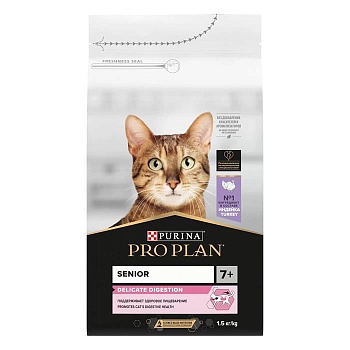 PRO PLAN Delikate 7 + с комплексом OPTIRENAL сухой корм для кошек старше 7 лет с чувствительным пищеварением Индейка 1,5 кг купить  зоотовары для животных