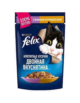 Felix пауч консервы для кошек аппетитные кусочки в желе двойная вкуснятина с ягненком и курицей 26х75г купить  зоотовары для животных