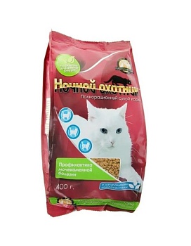 НОЧНОЙ ОХОТНИК Корм сухой для кошек с профилактикой мочекаменной болезни пакет 400г купить  зоотовары для животных