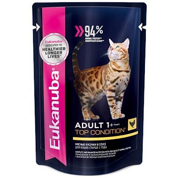 EUKANUBA ADULT TOP CONDITION CHICKEN пауч влажный корм для взрослых кошек, курица в соусе 24х85г купить  зоотовары для животных