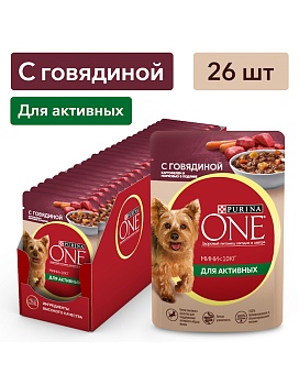 PURINA ONE МИНИ Актив Говядина Картофель Морковь консервы для собак 26х85гр купить  зоотовары для животных