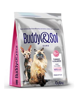 BUDDY SOL CARE ADULT HAIR & SKIN сухой корм для взрослых кошек для здоровья кожи и шерсти с индейкой и лососем 400г купить  зоотовары для животных