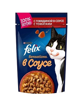 Felix Sensations пауч консервы для кошек, с говядиной в желе с томатами 26х75г купить  зоотовары для животных