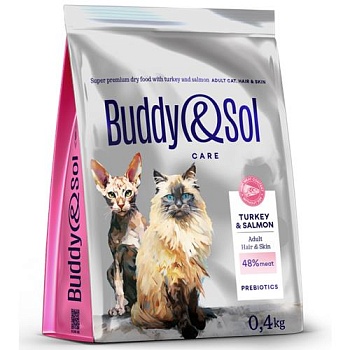 BUDDY SOL CARE ADULT HAIR & SKIN сухой корм для взрослых кошек для здоровья кожи и шерсти с индейкой и лососем 400г купить  зоотовары для животных