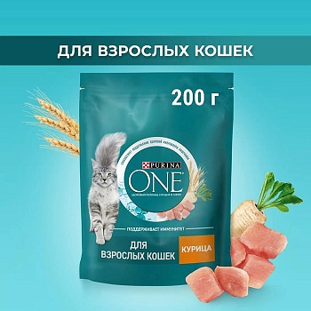 PURINA ONE сухой корм для взрослых кошек, с высоким содержанием курицы и цельными злаками 200г купить  зоотовары для животных