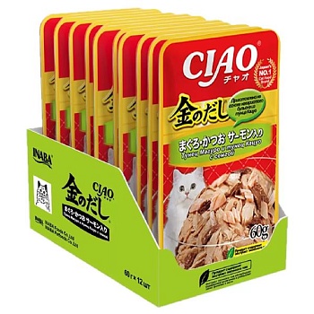 INABA Ciao Kinnodashi пауч для кошек тунец магуро и тунец кацуо с семгой в желе 12х60г купить  зоотовары для животных