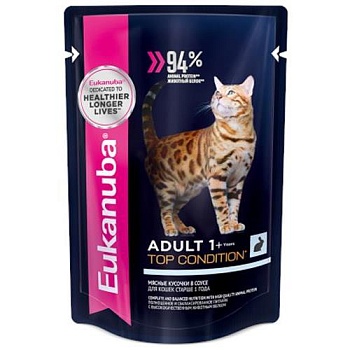 EUKANUBA ADULT TOP CONDITION RABBIT пауч влажный корм для взрослых кошек, кролик в соусе 24х85г купить  зоотовары для животных