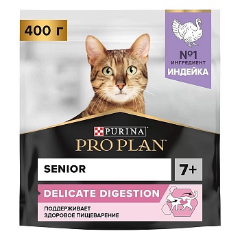 PRO PLAN Delikate 7 + с комплексом OPTIRENAL сухой корм для кошек старше 7 лет с чувствительным пищеварением Индейка 400гр купить  зоотовары для животных