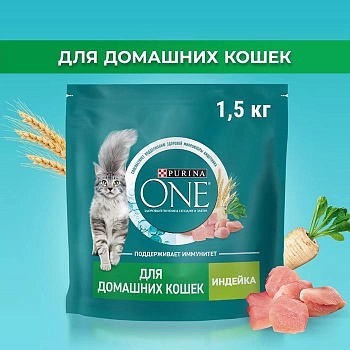 PURINA ONE сухой корм для взрослых кошек, живущих в домашних условиях, с высоким содержанием индейки и цельными злаками 1,5кг купить  зоотовары для животных