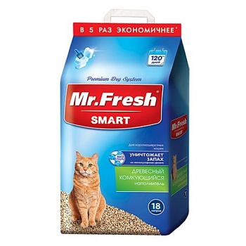 Mr.Fresh SMART наполнитель для короткошёрстных кошек 18л купить  зоотовары для животных