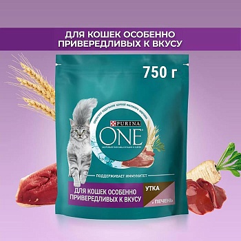 PURINA ONE сухой корм для взрослых кошек с чувствительным пищеварением и разборчивым вкусом в еде, с высоким содержанием утки и печени 750г купить  зоотовары для животных
