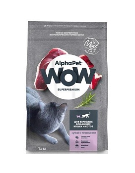 AlphaPet WOW SUPERPREMIUM сухой корм для взрослых домашних кошек и котов с уткой и потрошками 1.5кг купить  зоотовары для животных