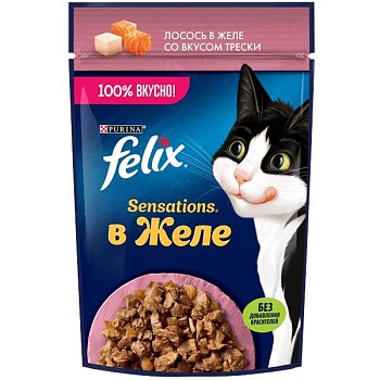 Felix Sensations пауч консервы для кошек, лосось и треска 26х75г купить  зоотовары для животных