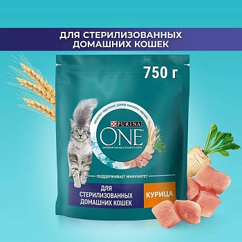PURINA ONE сухой корм для стерилизованных кошек и кастрированных котов, живущих в домашних условиях, с высоким содержанием курицы и цельными злаками 750г купить  зоотовары для животных
