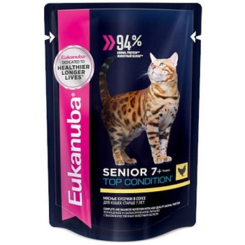 EUKANUBA SENIOR TOP CONDITION CHICKEN пауч влажный корм для кошек старше 7 лет, курица в соусе 24х85г купить  зоотовары для животных