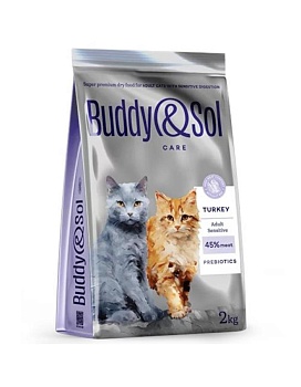 BUDDY SOL CARE ADULT SENSITIVE сухой корм для взрослых кошек с чувствительным пищеварением с индейкой 2кг купить  зоотовары для животных
