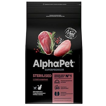 AlphaPet SUPERPREMIUM STERILISED сухой корм для взрослых стерилизованных кошек и котов с уткой и индейкой 1,5кг купить  зоотовары для животных